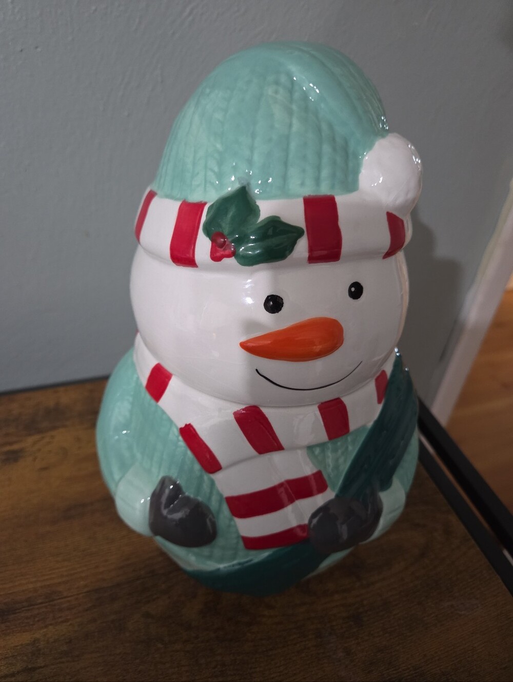 Vintage "The Skier" Festive Mint Snowman Cookie Jar with Red-Striped Scarf